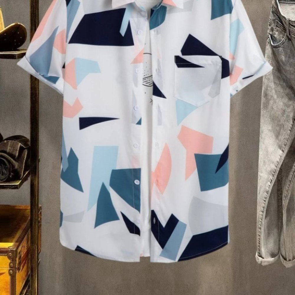 White Casual Men's Geometric Print Shirt - Picture 2 of 6